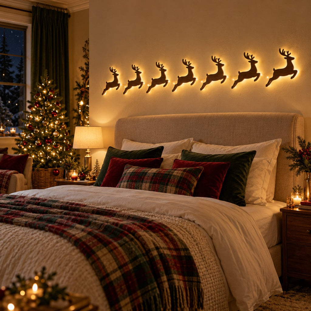 Glowing reindeer silhouettes above a bed in a cosy Christmas bedroom