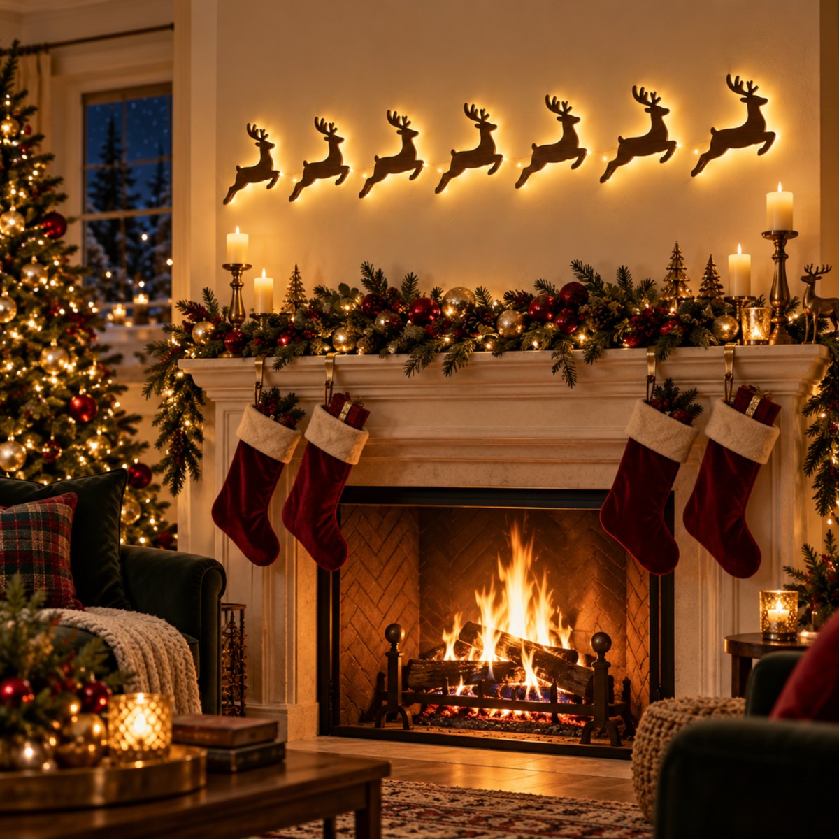 Reindeer silhouettes glowing above a decorated fireplace mantel