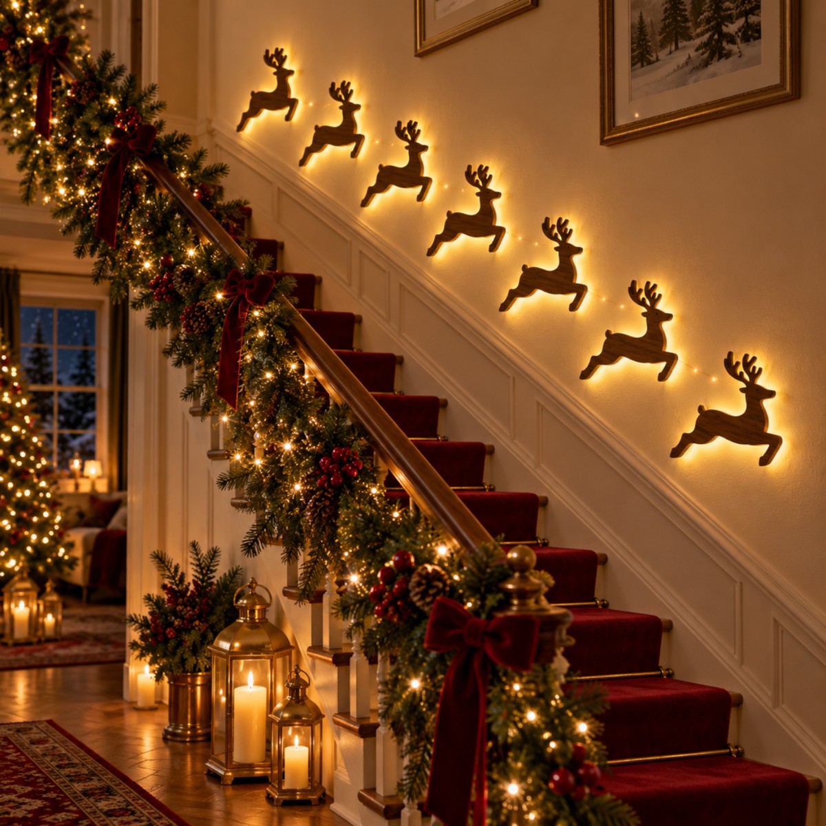 Glowing reindeer silhouettes rising along a festive staircase