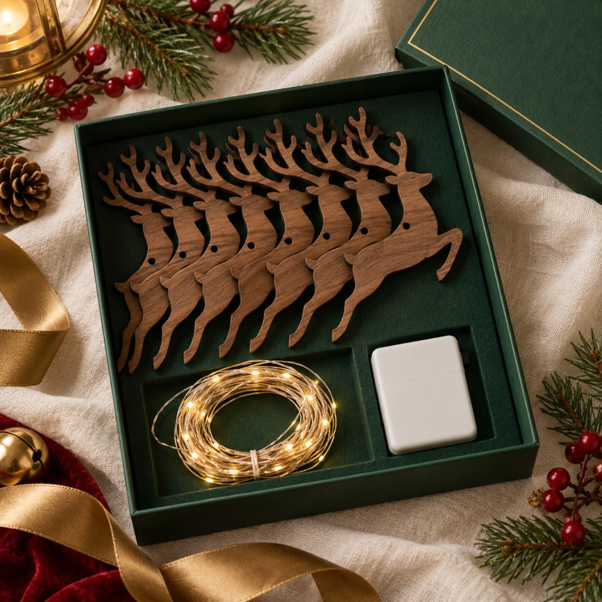 Arrives in a premium Glowdeer gift box: seven silhouettes, LED light string and battery box