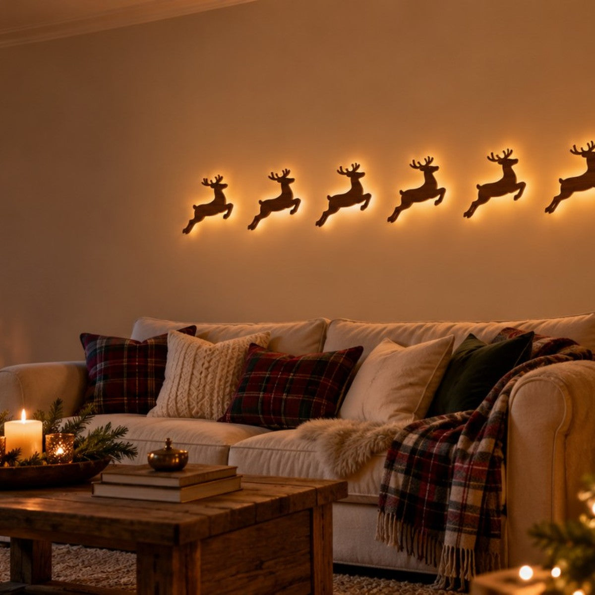 Glowing reindeer silhouettes above a cosy sofa at Christmas